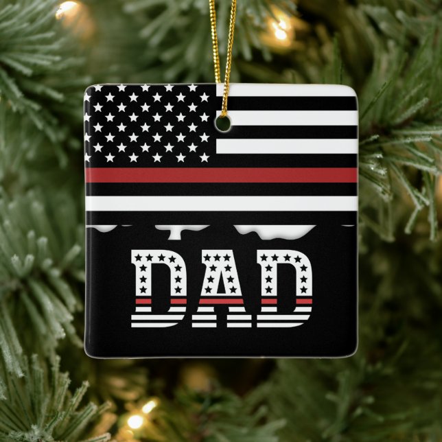 Dad Thin Red Line Firefighter Dad Gift Ceramic Ornament (Tree)