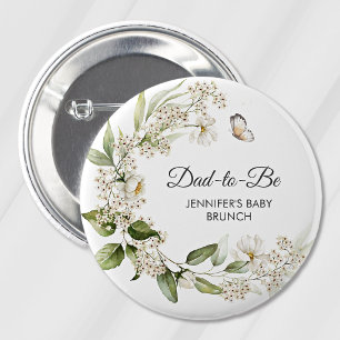 Dad-to-Be White Peonies Boho Baby Shower/Brunch 6 Cm Round Badge