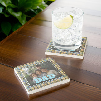 Dad We Love You Blue Yellow Plaid Custom Photo Stone Coaster