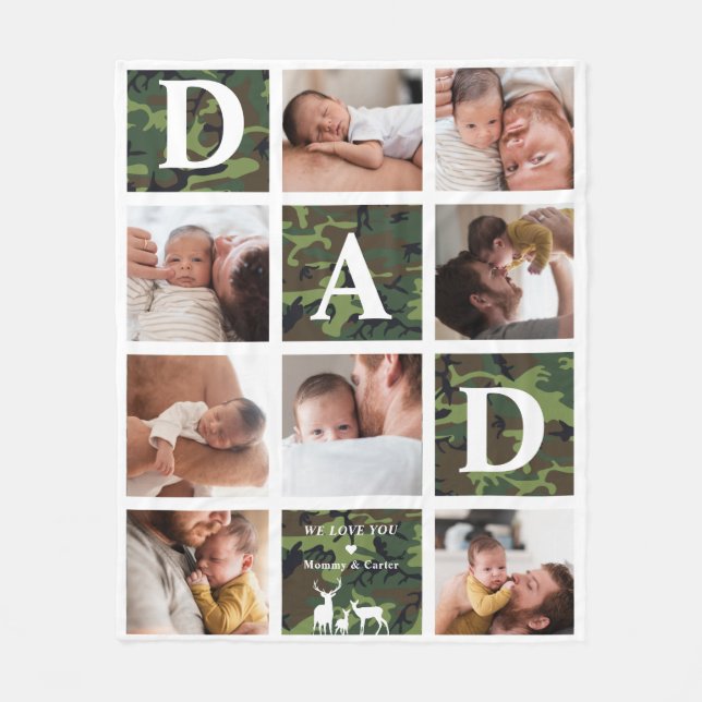 Dad We Love You | Modern 8 Photo Green Camo Deer Fleece Blanket (Front)