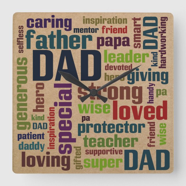 Dad Word Cloud Text Father's Day Typography Square Wall Clock (Front)