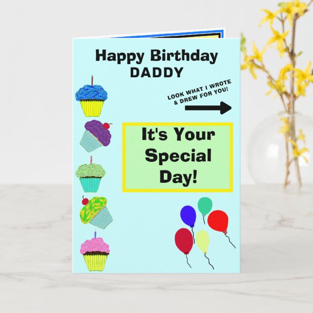 Daddy Birthday Blue Cupcake Tower Kids Artwork Card (Yellow Flower)