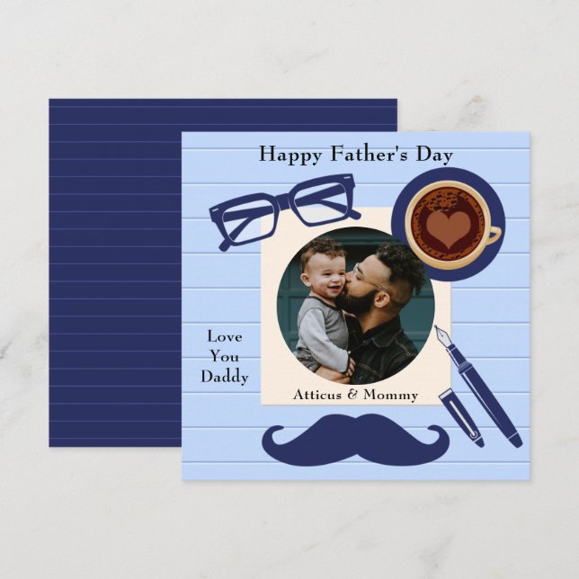 Daddy Blue Moustache Coffee Happy Fathers Day Card (Front/Back)