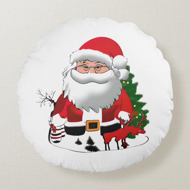 Daddy Claus with a Reindeer Round Cushion (Front)