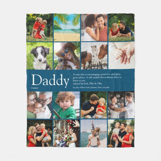 Daddy Definition Quote Photo Collage Blue Fleece Blanket (Front)