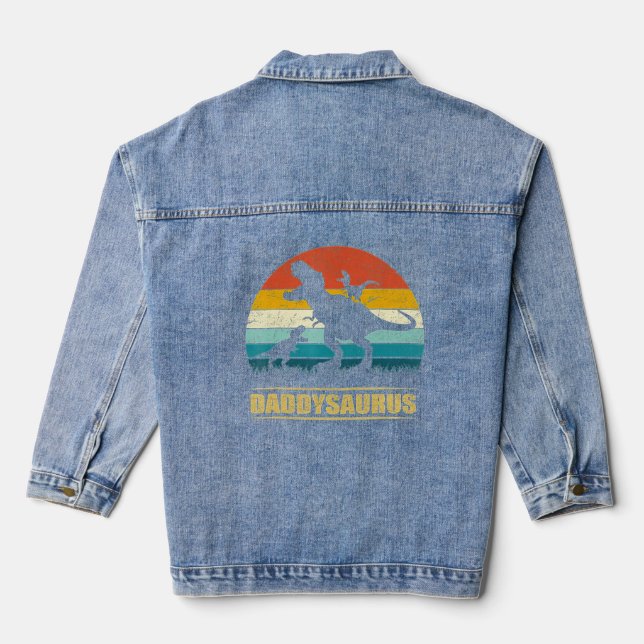 Daddy Dinosaur Daddysaurus 2 kids Father's Day Gif Denim Jacket (Back)