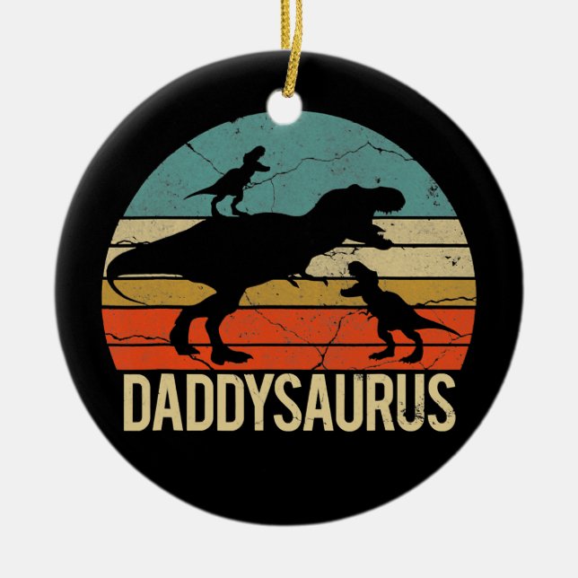 Daddy Dinosaur Daddysaurus 2 Two Kids Christmas Ceramic Tree Decoration (Front)