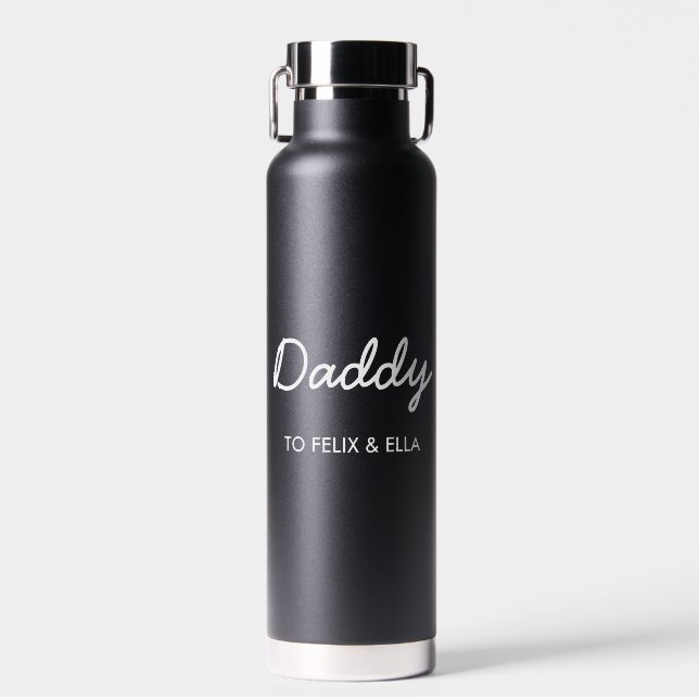 Daddy Elegant Kids Names Father's Day Black Water Bottle (Front)