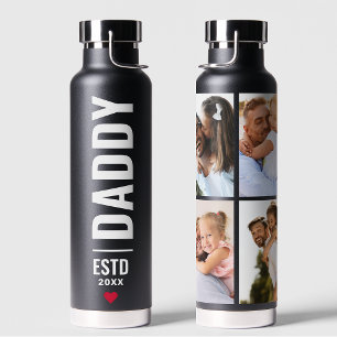 Daddy Established   Custom Date 4 Photo Dad Gift  Water Bottle