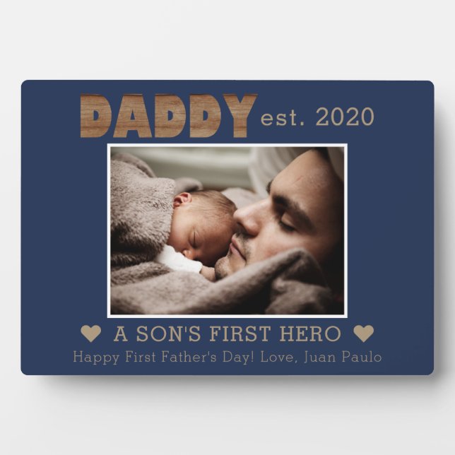 Daddy Established Son's First Hero Name Navy Photo Plaque (Front)