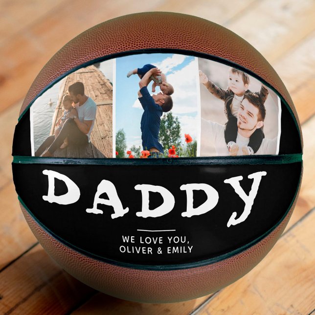 Daddy Father Family 3 Photo Collage Black Keepsake Basketball (Creator Uploaded)