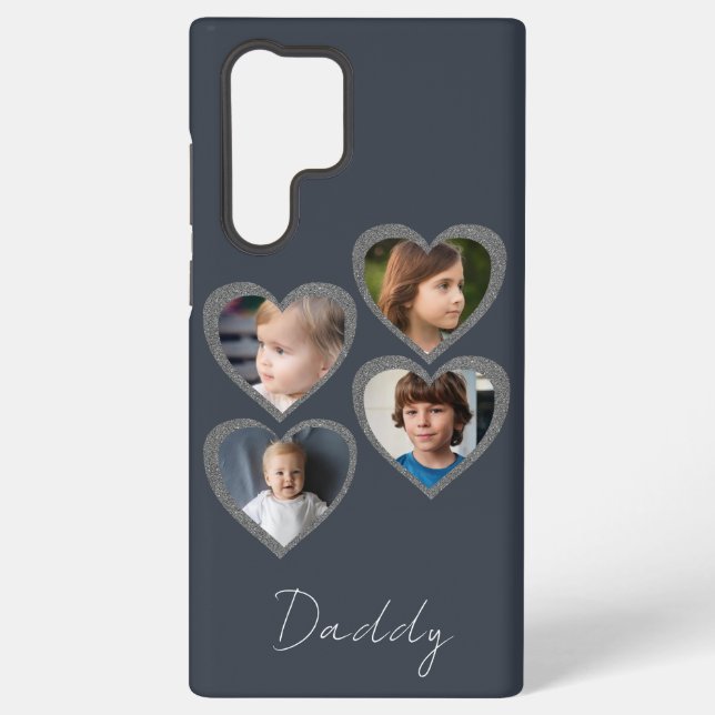 Daddy Grey Hearts Four Kids Photo Collage  Samsung Galaxy S22 Ultra Case (Back)