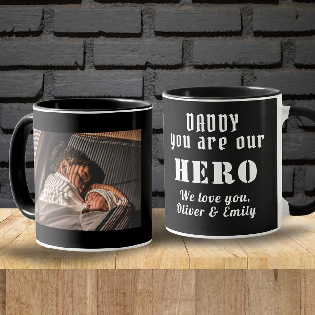 Daddy Hero Father`s Day Family Photo Black Mug (Creator Uploaded)