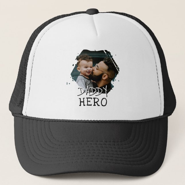 Daddy Hero Typography Dad Photo Trucker Hat (Front)