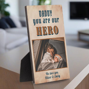 Daddy Hero Watercolor Father`s Day Family Photo Plaque