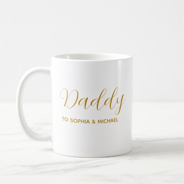 Daddy Modern Father's Day Kids Names Gold Script Coffee Mug (Left)
