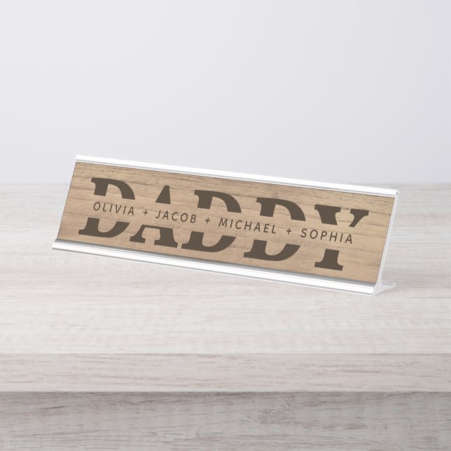 "Daddy" Personalised Kids' Names Wood + Brown Desk Name Plate (Front)