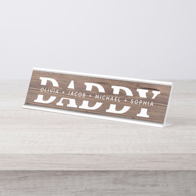 "Daddy" Personalised Kids' Names Wood + White Desk Name Plate (Front)
