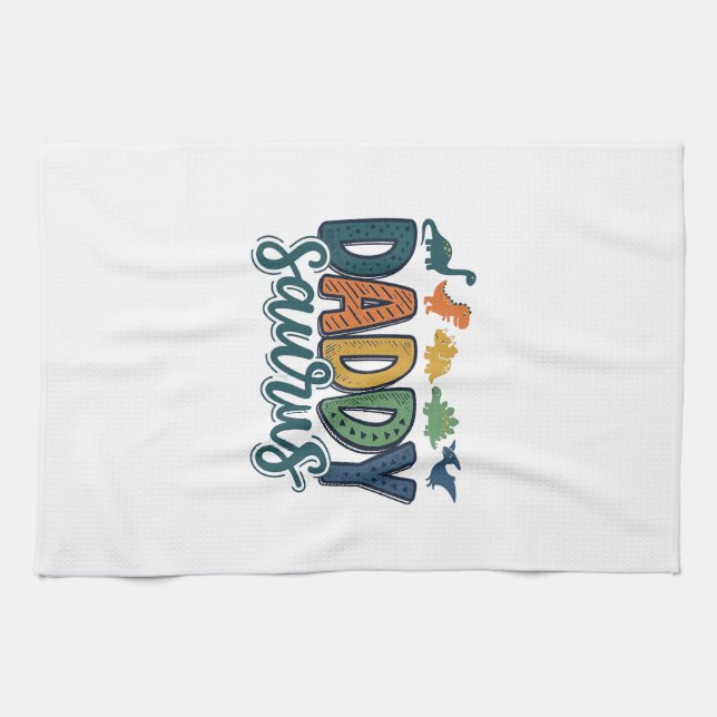 Daddy Saurus Cute Dinosaur Dad Vector Design_1 Tea Towel (Horizontal)
