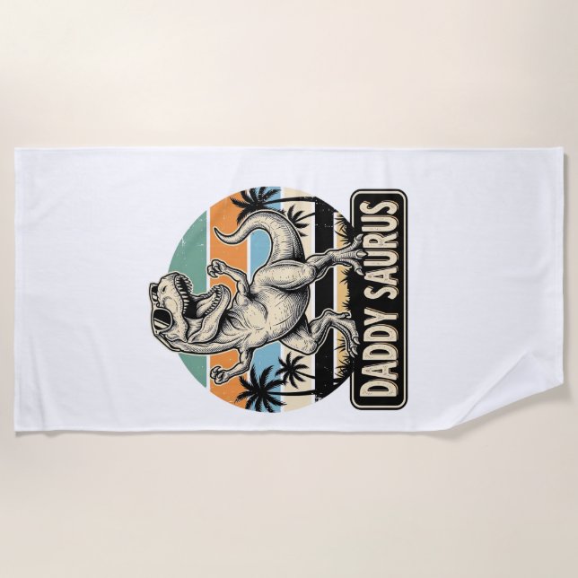 Daddy Saurus Retro Dinosaur Sunset Shirt Design_1 Beach Towel (Front)