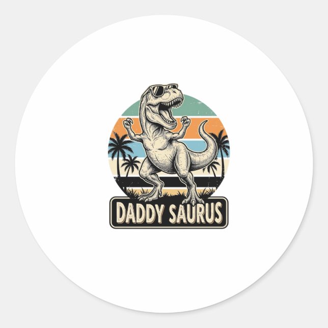 Daddy Saurus Retro Dinosaur Sunset Shirt Design_1 Classic Round Sticker (Front)