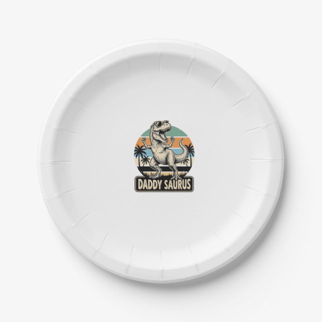 Daddy Saurus Retro Dinosaur Sunset Shirt Design_1 Paper Plate (Front)