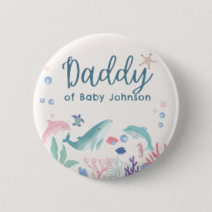 Daddy Watercolor Ocean Baby Shower 6 Cm Round Badge