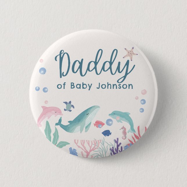 Daddy Watercolor Ocean Baby Shower 6 Cm Round Badge (Front)