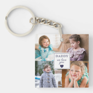 Daddy We Love You Navy Blue Heart Photo Collage Key Ring