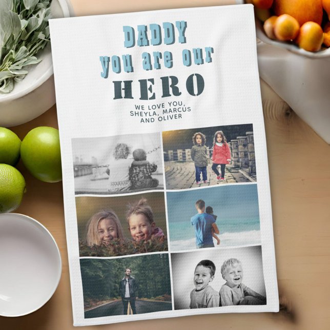 Daddy you are our Hero 6 Photo Collage Tea Towel (Creator Uploaded)