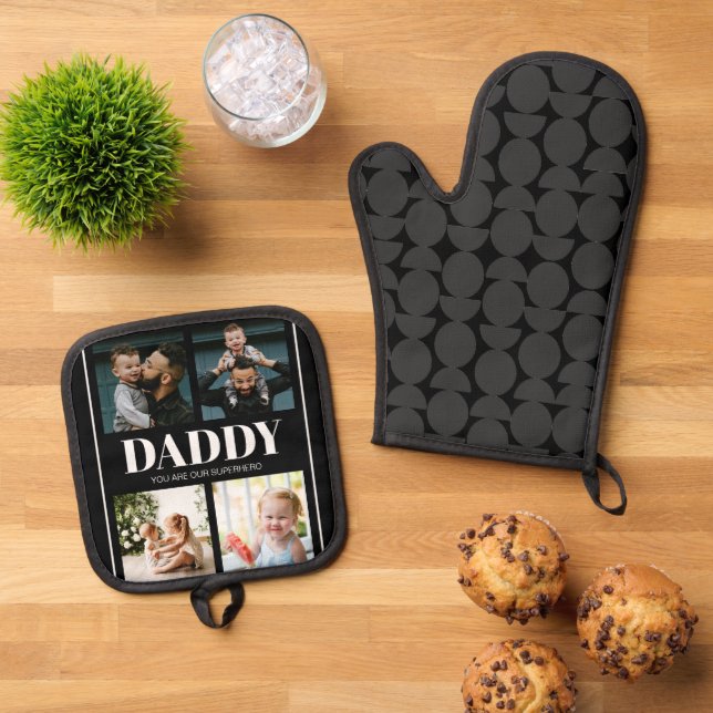 Daddy You are our Superhero Photo Collage Simple Oven Mitt & Pot Holder Set (Top Down)
