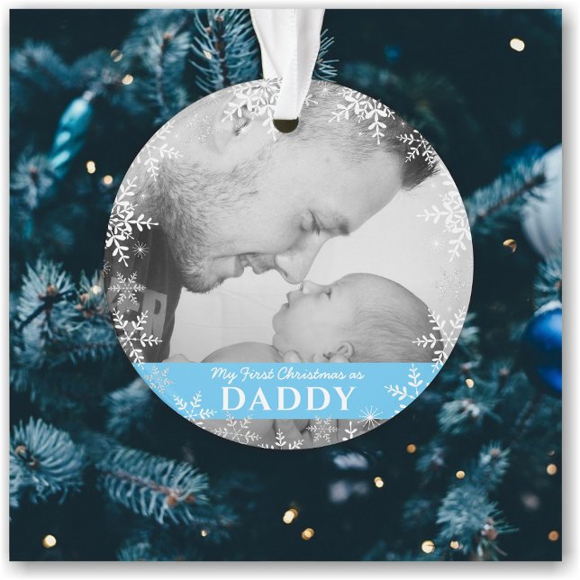 Daddy's First Christmas Snowflakes Baby Boy Photo Ornament (Creator Uploaded)