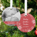 Daddy's First Christmas Snowflakes on Red Photo Ornament<br><div class="desc">This sweet design features white and silver glitter snowflakes with space for one photo to commemorate the Daddy's 1st Christmas! The collection of coordinating products is available in our shop, zazzle.com/store/doodlelulu. Contact us if you need this design applied to a specific product to create your own unique matching item! Thank...</div>