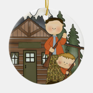 Daddys Little Hunter Rustic Log Cabin Customisable Ceramic Tree Decoration