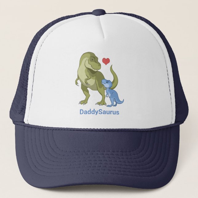 DaddySaurus Green T-Rex & Blue Baby Boy Dinosaurs Trucker Hat (Front)