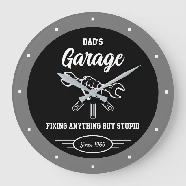 Dad's Any Name Garage Funny Slogan Hand Tools Fix Large Clock (Front)