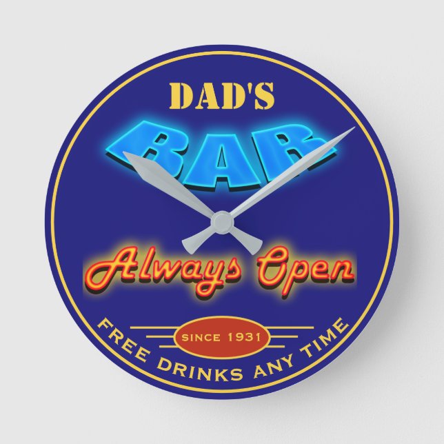 Dad's Bar Red Blue Neon Look Any Date Any Name - Round Clock (Front)