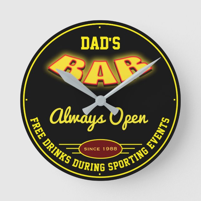 Dad's Bar Yellow Neon Effect Any Free Drinks Funny Round Clock (Front)