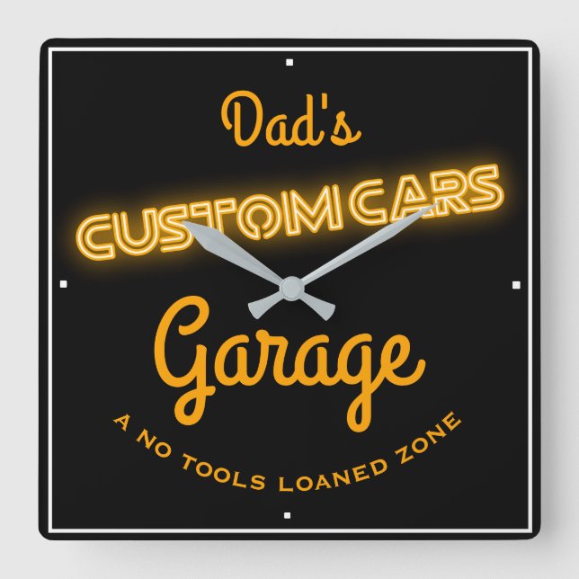 Dad's Custom Cars Garage Gold Faux Neon Funny Square Wall Clock (Front)