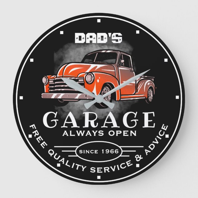 Dad's Garage Any Name Always Open Slogan 50's Chev Large Clock (Front)