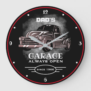 Dad's Garage Any Name Always Open Slogan Black  Large Clock