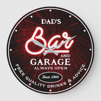 Dad's Garage Bar Any Name Always Open Slogan Red Large Clock