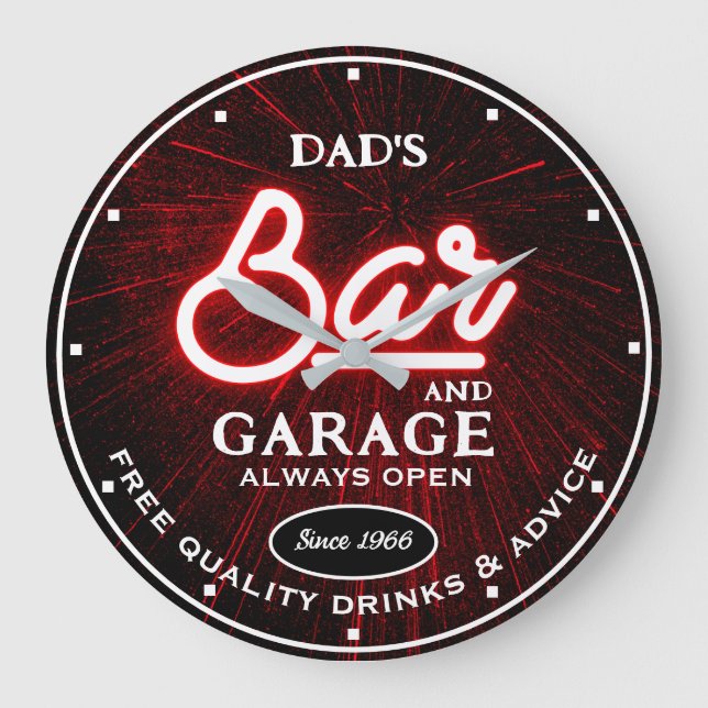 Dad's Garage Bar Any Name Always Open Slogan Red Large Clock (Front)
