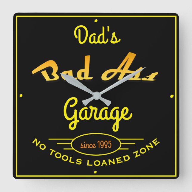 Dad's Garage Black and Yellow Bad A Garage Square Wall Clock (Front)