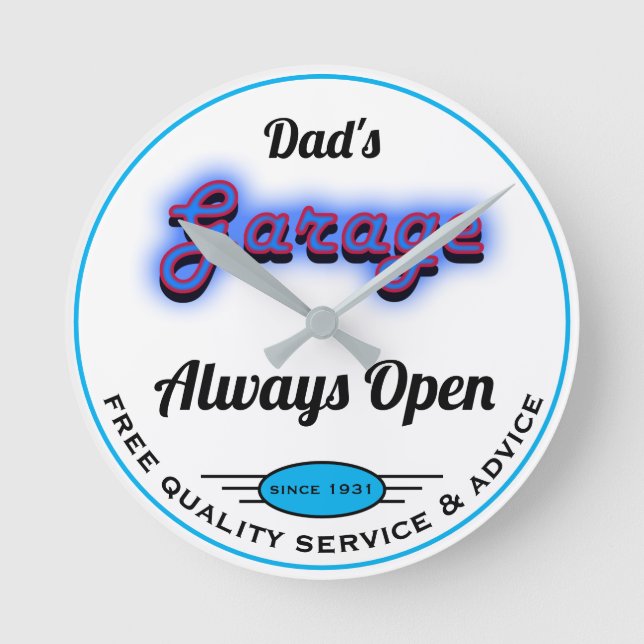 Dad's Garage Blue Neon Look Date Name White Round Clock (Front)