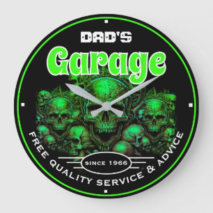 Dad's Garage Green Skulls Automotive Mechanic  Large Clock