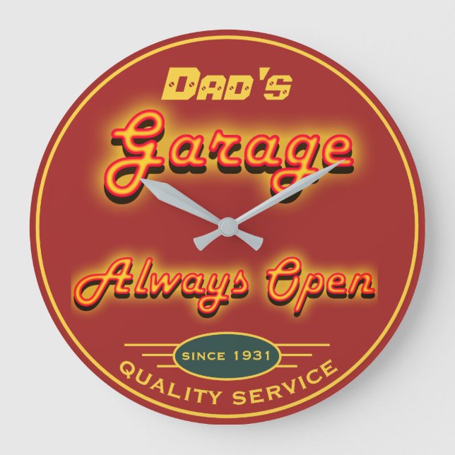 Dad's Garage Neon Look Any Date Any Name - Large Clock (Front)