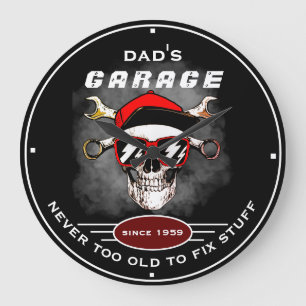 Dad's Garage Never Too Old Skull Tools Black Funny Large Clock