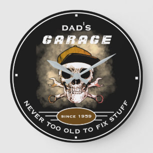 Dad's Garage Never Too Old Skull Wrenches Black Large Clock
