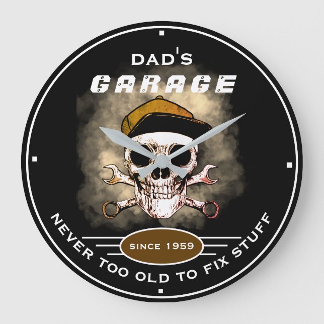 Dad's Garage Never Too Old Skull Wrenches Black Large Clock (Front)